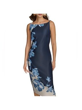 navy blue dress for baby girl Donna Karan Floral Print Cotton Sateen Short Puff Sleeve Belted Midi Shirt  Dress main image 0